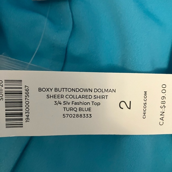 NWT Chico’s Sheer Collared Shirt
turquoise sz 2/L $79 - Picture 5 of 6